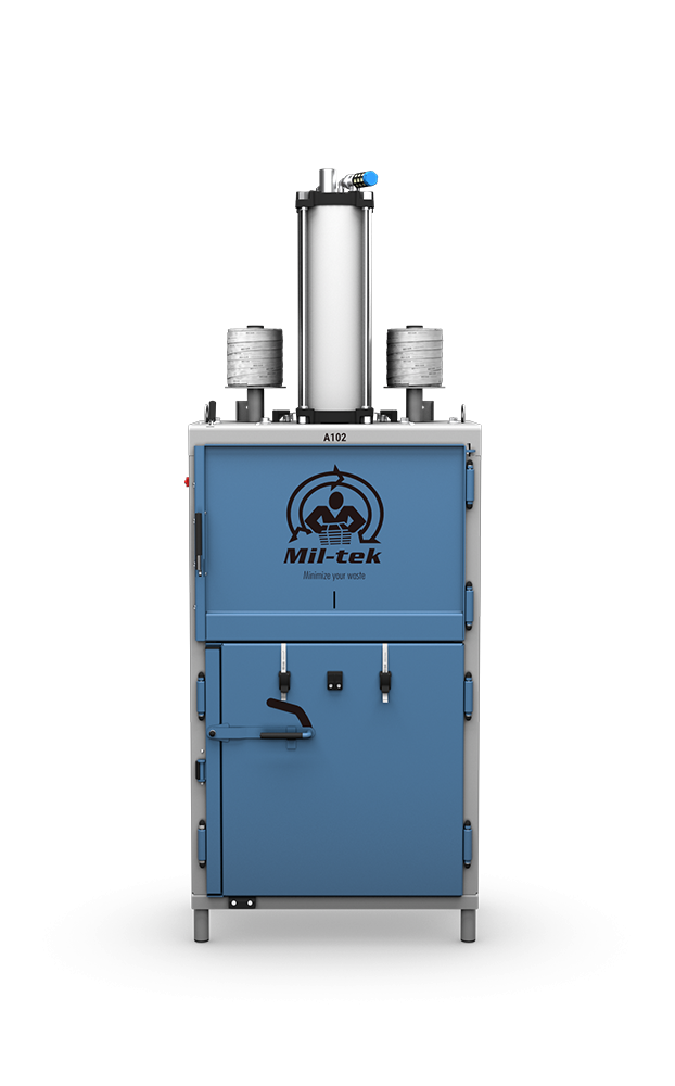 A102-2026 – Pneumatischer Müllpresser auf transparentem Hintergrund - CH-DE