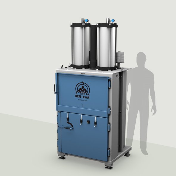 A406-2026-Kartonpresse-Kunststoffpresse-blau-Maschine-grauer-Hintergrund-Mil-tek-SA_AG