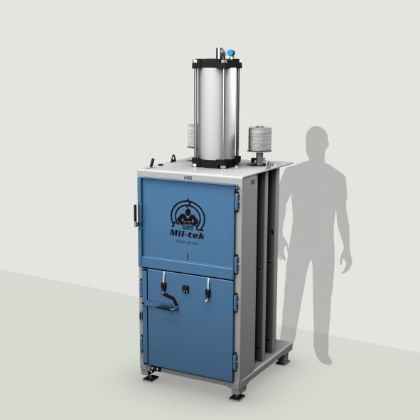 A305-2026-Kartonpresse-Kunststoffpresse-blau-Maschine-grauer-Hintergrund-Mil-tek-SA-AG