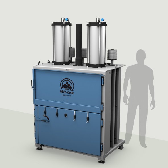 A509-2026-Kartonpresse-Kunststoffpresse-blau-Maschine-grauer-Hintergrund-Mil-tek-SA-AG